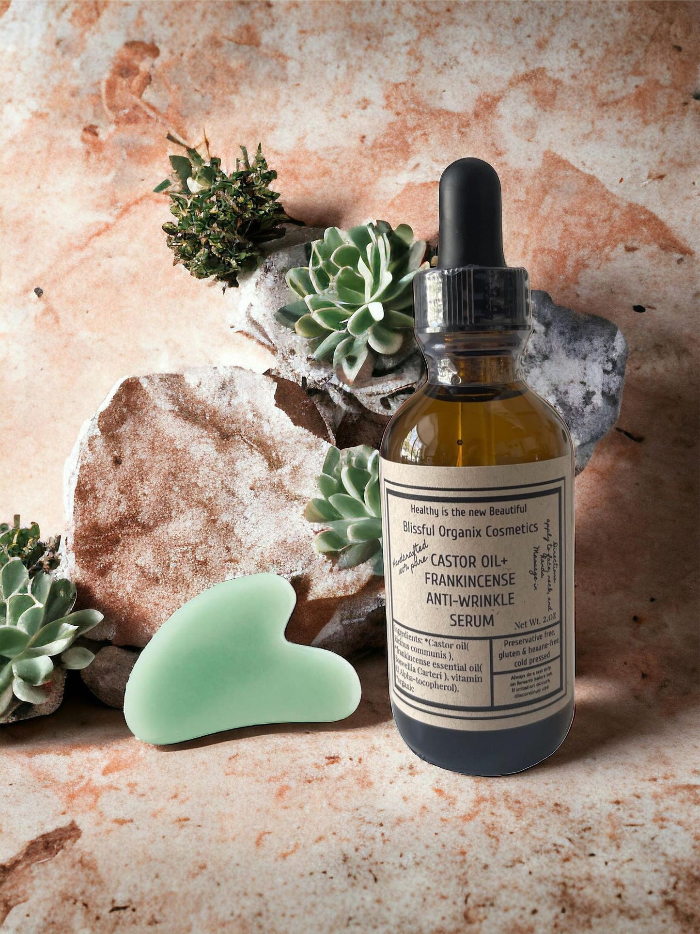 Handcrafted Organic Castor Oil+ Frankincense Anti-Wrinkle Face Serum W/ Lymphatic Gua Sha