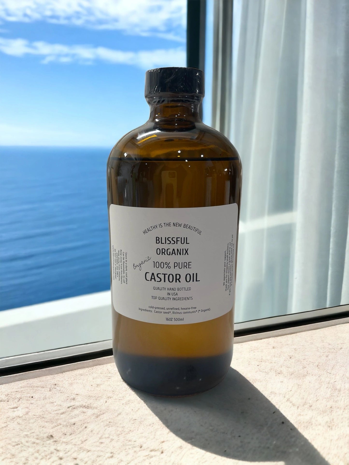 GLASS BOTTLE ORGANIC CASTOR OIL 100% NATURAL PURE COLD PRESSED HEXANE-FREE 16 OZ.