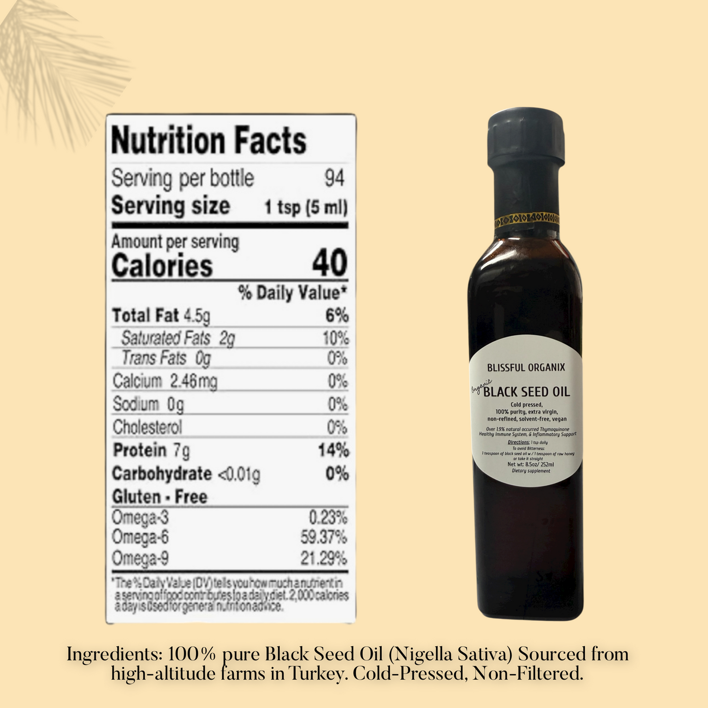 Organic Black Seed Oil – 100% Pure, Extra Virgin, Cold-Pressed 8.5oz glass bottle