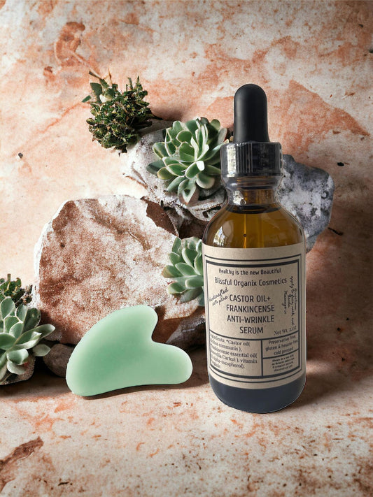 HANDCRAFTED ORGANIC CASTOR OIL+ FRANKINCENSE ANTI-WRINKLE FACE SERUM W/ LYMPHATIC GUA SHA