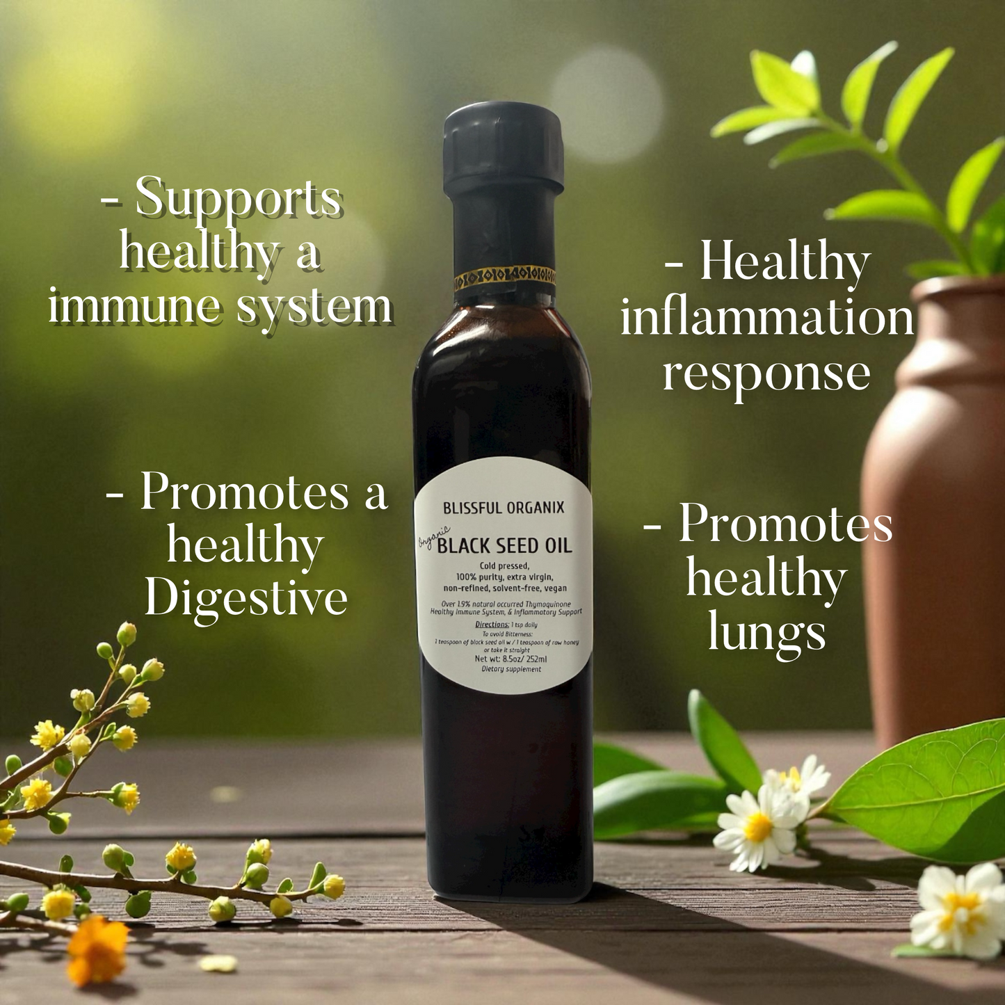 Organic Black Seed Oil – 100% Pure, Extra Virgin, Cold-Pressed 8.5oz glass bottle